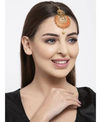 Gold Plated & Orange Colored Stone Studded Enameled Hand Painted Traditional Maang Tikka Onesize Orange 6