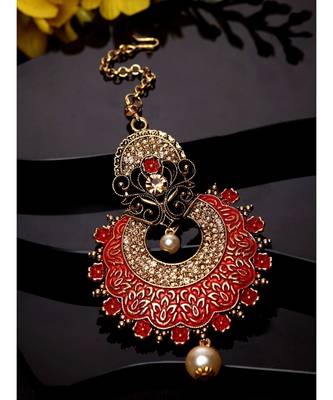 Gold Plated & Red Stone Studded Enameled Hand Painted Maang Tikka Onesize Red 1