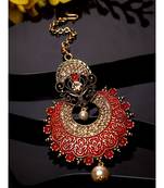 Gold Plated & Red Stone Studded Enameled Hand Painted Maang Tikka Onesize Red