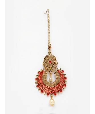 Gold Plated & Red Stone Studded Enameled Hand Painted Maang Tikka Onesize Red 2
