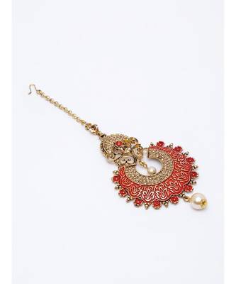 Gold Plated & Red Stone Studded Enameled Hand Painted Maang Tikka Onesize Red 3