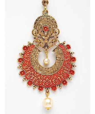 Gold Plated & Red Stone Studded Enameled Hand Painted Maang Tikka Onesize Red 4