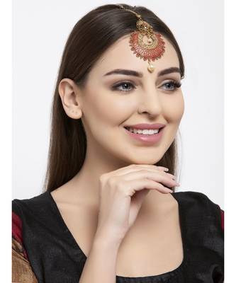 Gold Plated & Red Stone Studded Enameled Hand Painted Maang Tikka Onesize Red 5