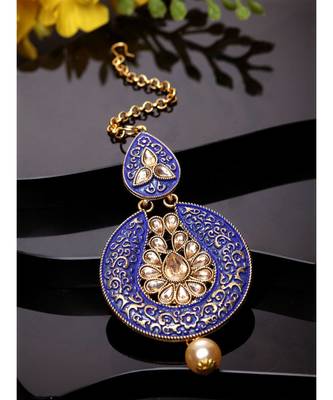 Gold Plated & Blue Stone Studded Enameled Hand Painted Traditional Maang Tikka Onesize Blue 1