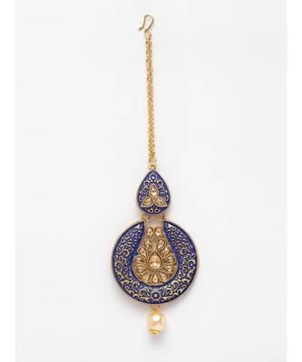 Gold Plated & Blue Stone Studded Enameled Hand Painted Traditional Maang Tikka Onesize Blue 2