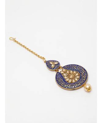 Gold Plated & Blue Stone Studded Enameled Hand Painted Traditional Maang Tikka Onesize Blue 3