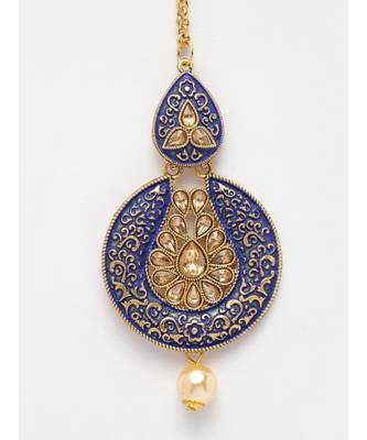 Gold Plated & Blue Stone Studded Enameled Hand Painted Traditional Maang Tikka Onesize Blue 4