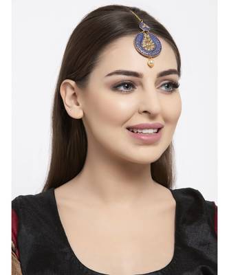 Gold Plated & Blue Stone Studded Enameled Hand Painted Traditional Maang Tikka Onesize Blue 6