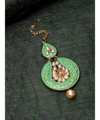 Gold Plated & Green Stone Studded Enameled Hand Painted Traditional Maang Tikka Onesize Green 1