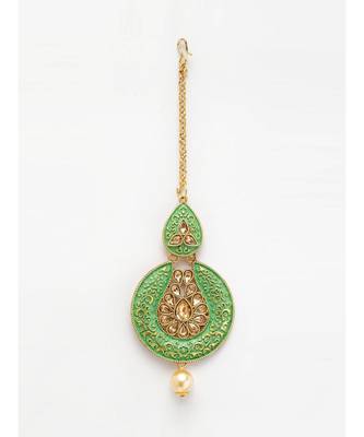 Gold Plated & Green Stone Studded Enameled Hand Painted Traditional Maang Tikka Onesize Green 2