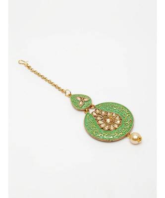 Gold Plated & Green Stone Studded Enameled Hand Painted Traditional Maang Tikka Onesize Green 3