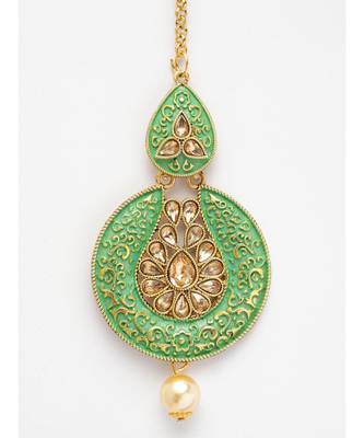 Gold Plated & Green Stone Studded Enameled Hand Painted Traditional Maang Tikka Onesize Green 4