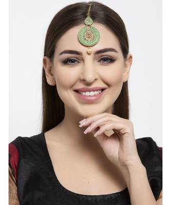 Gold Plated & Green Stone Studded Enameled Hand Painted Traditional Maang Tikka Onesize Green 6