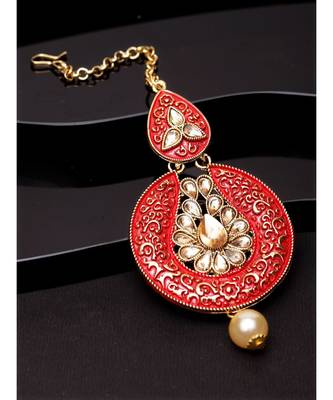 Gold Plated & Coral Red Stone Studded Enameled Hand Painted Maang Tikka Onesize Coral 1