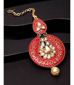Gold Plated & Coral Red Stone Studded Enameled Hand Painted Maang Tikka Onesize Coral