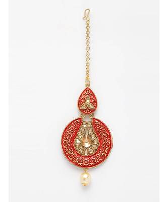 Gold Plated & Coral Red Stone Studded Enameled Hand Painted Maang Tikka Onesize Coral 2