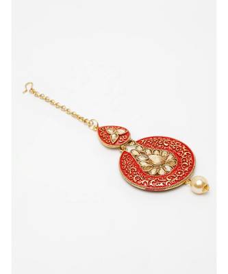 Gold Plated & Coral Red Stone Studded Enameled Hand Painted Maang Tikka Onesize Coral 3