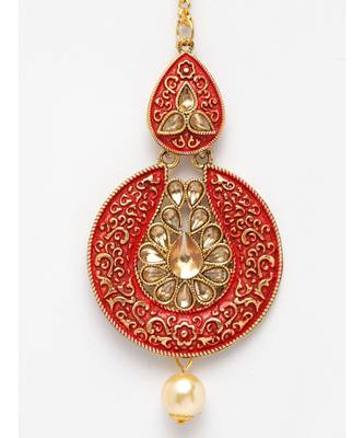Gold Plated & Coral Red Stone Studded Enameled Hand Painted Maang Tikka Onesize Coral 4