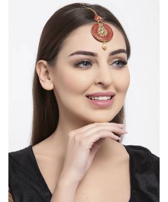 Gold Plated & Coral Red Stone Studded Enameled Hand Painted Maang Tikka Onesize Coral 5