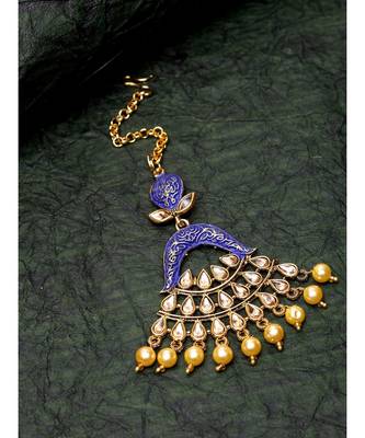 Gold Plated & Blue Stone Studded Enameled Hand Painted Traditional Maang Tikka Onesize Blue 1
