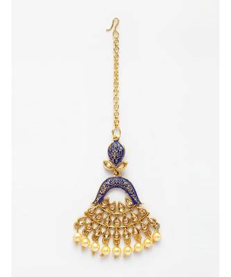 Gold Plated & Blue Stone Studded Enameled Hand Painted Traditional Maang Tikka Onesize Blue 2