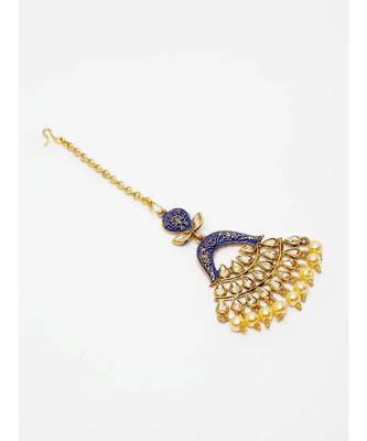 Gold Plated & Blue Stone Studded Enameled Hand Painted Traditional Maang Tikka Onesize Blue 3