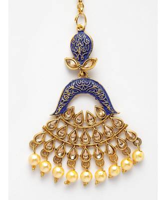Gold Plated & Blue Stone Studded Enameled Hand Painted Traditional Maang Tikka Onesize Blue 4