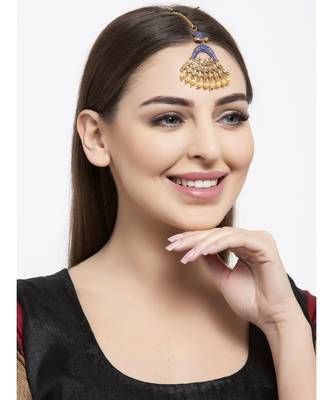 Gold Plated & Blue Stone Studded Enameled Hand Painted Traditional Maang Tikka Onesize Blue 5