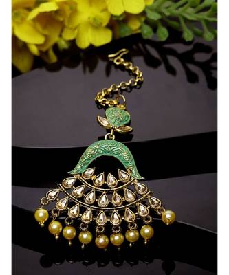 Gold Plated & Green Stone Studded Enameled Hand Painted Traditional Maang Tikka Onesize Green 1