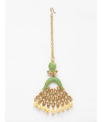 Gold Plated & Green Stone Studded Enameled Hand Painted Traditional Maang Tikka Onesize Green 2