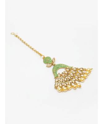 Gold Plated & Green Stone Studded Enameled Hand Painted Traditional Maang Tikka Onesize Green 3
