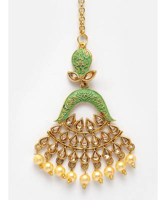 Gold Plated & Green Stone Studded Enameled Hand Painted Traditional Maang Tikka Onesize Green 4