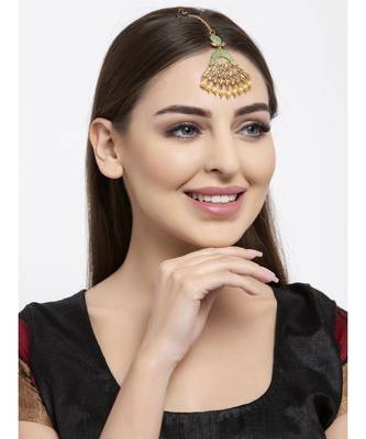 Gold Plated & Green Stone Studded Enameled Hand Painted Traditional Maang Tikka Onesize Green 6