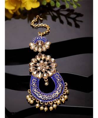 Gold Plated & Blue Stone Studded Enameled Hand Painted Traditional Maang Tikka Onesize Blue 1