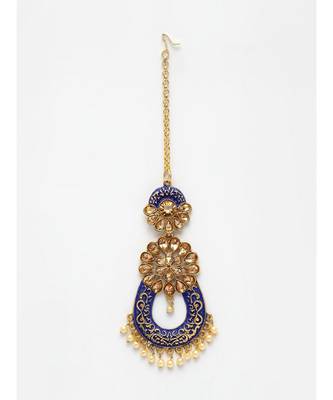 Gold Plated & Blue Stone Studded Enameled Hand Painted Traditional Maang Tikka Onesize Blue 2