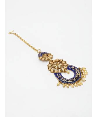 Gold Plated & Blue Stone Studded Enameled Hand Painted Traditional Maang Tikka Onesize Blue 3