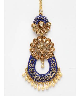 Gold Plated & Blue Stone Studded Enameled Hand Painted Traditional Maang Tikka Onesize Blue 4