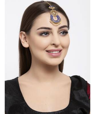 Gold Plated & Blue Stone Studded Enameled Hand Painted Traditional Maang Tikka Onesize Blue 5