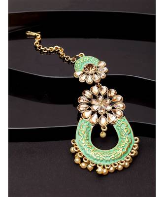 Gold Plated & Green Stone Studded Enameled Hand Painted Maang Tikka Onesize Green 1