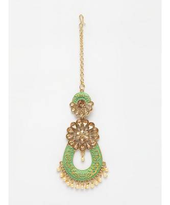 Gold Plated & Green Stone Studded Enameled Hand Painted Maang Tikka Onesize Green 2