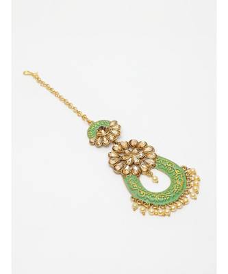 Gold Plated & Green Stone Studded Enameled Hand Painted Maang Tikka Onesize Green 3