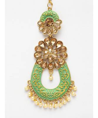 Gold Plated & Green Stone Studded Enameled Hand Painted Maang Tikka Onesize Green 4