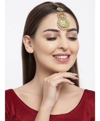 Gold Plated & Green Stone Studded Enameled Hand Painted Maang Tikka Onesize Green 6