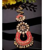 Gold Plated & Coral Red Stone Studded Enameled Hand Painted Traditional Maang Tikka Onesize Coral
