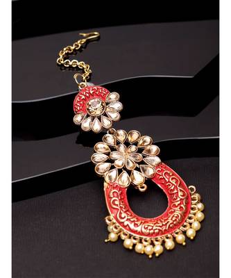 Gold Plated & Coral Red Stone Studded Enameled Hand Painted Maang Tikka Onesize Coral 1