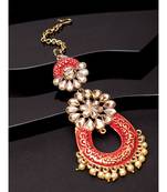 Gold Plated & Coral Red Stone Studded Enameled Hand Painted Maang Tikka Onesize Coral