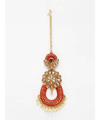 Gold Plated & Coral Red Stone Studded Enameled Hand Painted Maang Tikka Onesize Coral 2