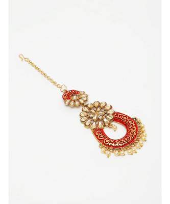 Gold Plated & Coral Red Stone Studded Enameled Hand Painted Maang Tikka Onesize Coral 3