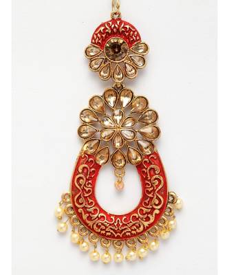 Gold Plated & Coral Red Stone Studded Enameled Hand Painted Maang Tikka Onesize Coral 4