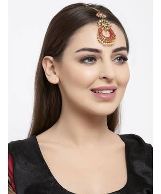 Gold Plated & Coral Red Stone Studded Enameled Hand Painted Maang Tikka Onesize Coral 5